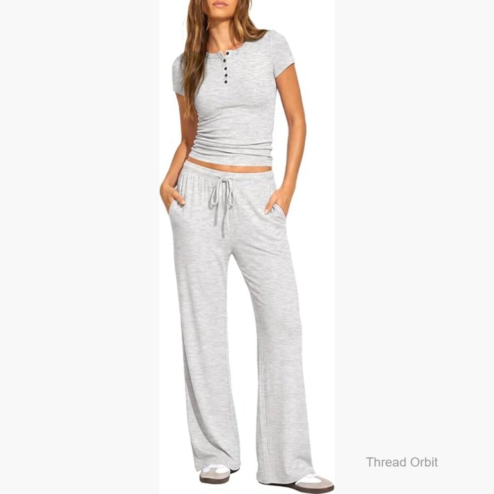Summer Lounge Set Short Sleeve Henley Top Wide Leg Pants Travel Outfit